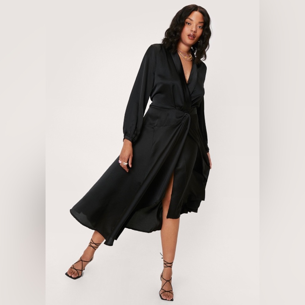 Nasty Gal black satin wrap midi dress
